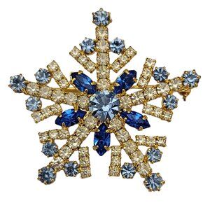 Gold Tone Faux Sapphire Blue Clear Rhinestone Vintage Star Brooch Pin K447